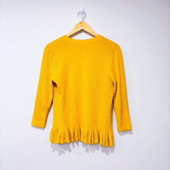 Yellow Open-Front Rib Knit Cardigan with Ruffle Hem | Small‎ * - Picture 7 of 7